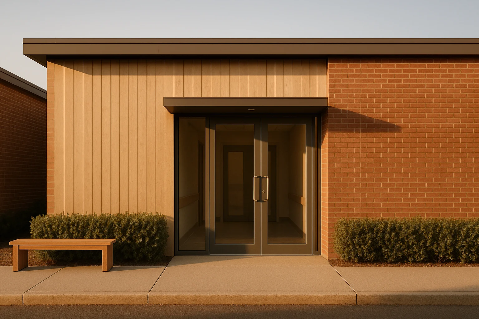 Exterior entrance of a small modern medical practice building in brick and timber, late afternoon light