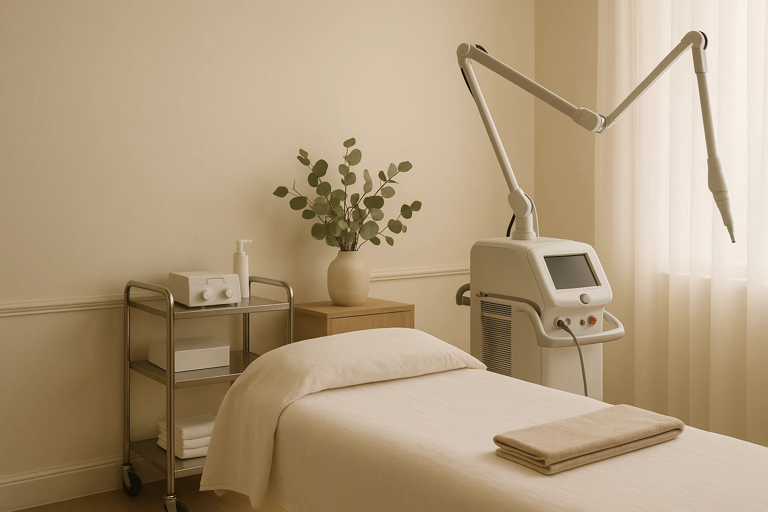 Empty medical spa treatment room with a made treatment bed, instrument cart and aesthetic laser device in soft daylight