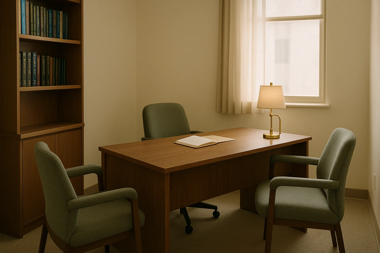 Empty private medical consultation office with a wooden desk, sage green chairs, reference books and morning light